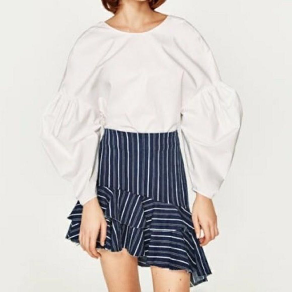 WOMEN'S ZARA DENIM RUFFLE HIGH LOW SKIRT white striped asymmetrical size xs